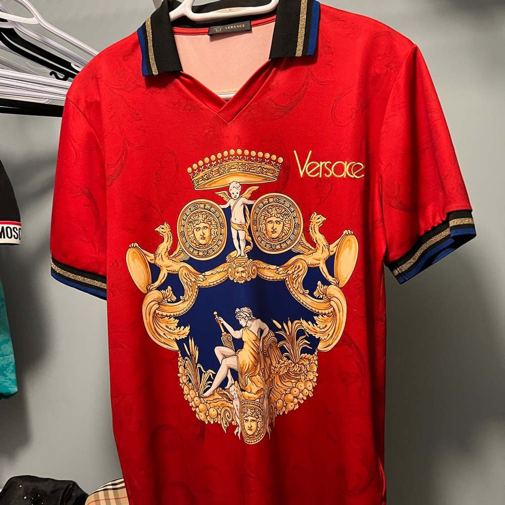 Versace Red and Blue Silky Texture Polo Shirt